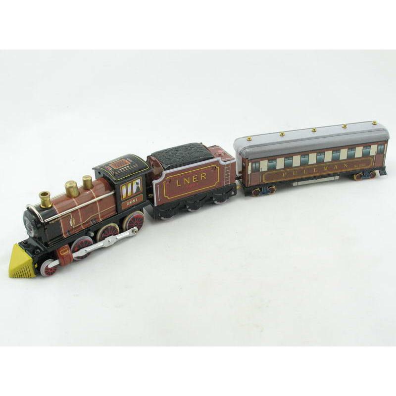 Blechspielzeug - Dampflok mit Tender und Personenwagen braun